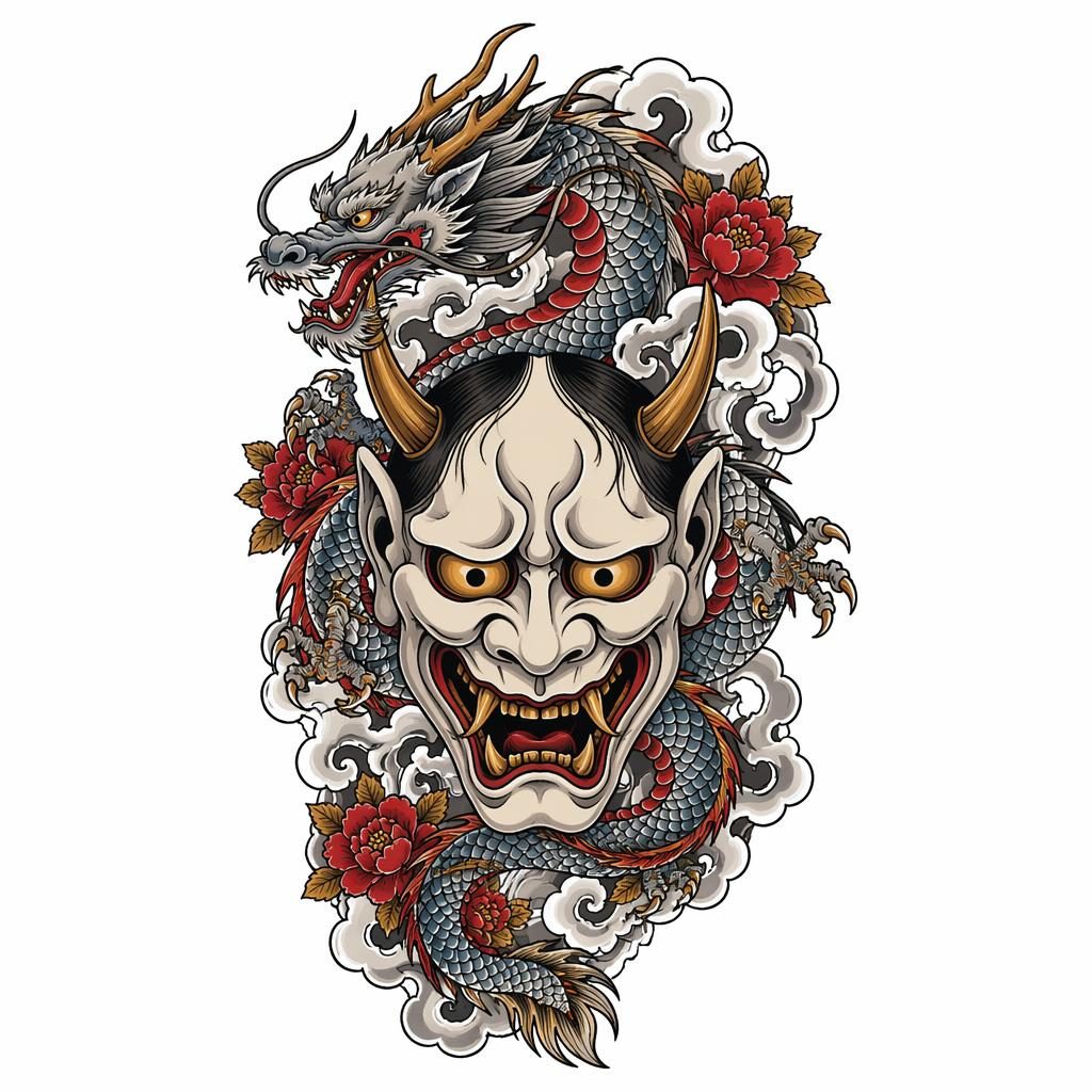 Neo-traditional tattoo flash concept on white paper showing a Japanese hannya mask with sharp lines and high contrast.
