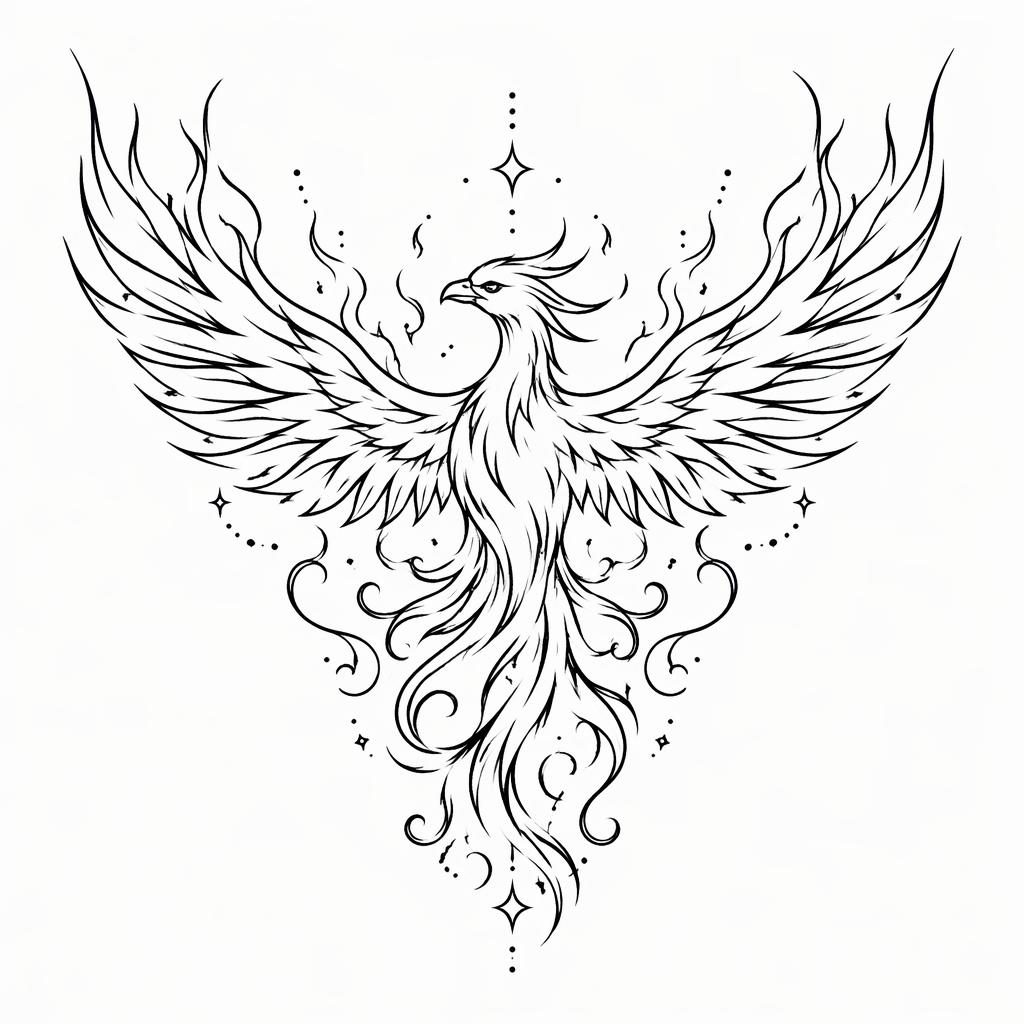 Phoenix rising chest tattoo design on white paper, clean flash-sheet illustration with sharp high-contrast lines.