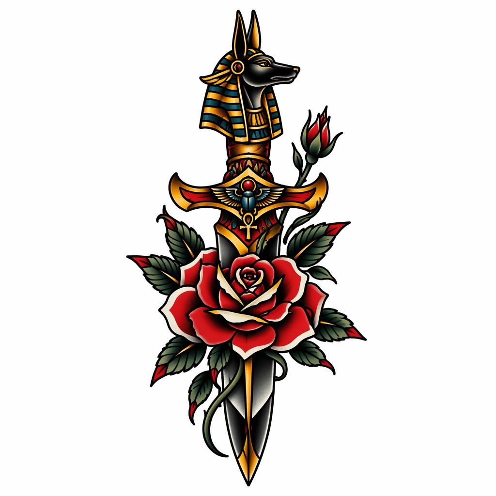 Neo-traditional rose and dagger tattoo flash design on white paper, bold black outlines, high contrast, clean white background.
