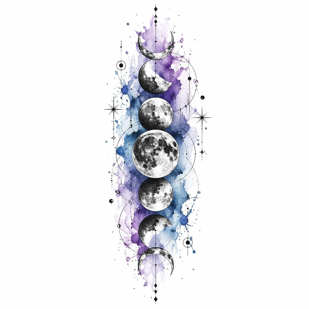 Tattoo-Design auf weißem Papier mit Dotwork-Mondphasen, Aquarellspritzern und klaren Linien im Flash-Sheet-Stil.