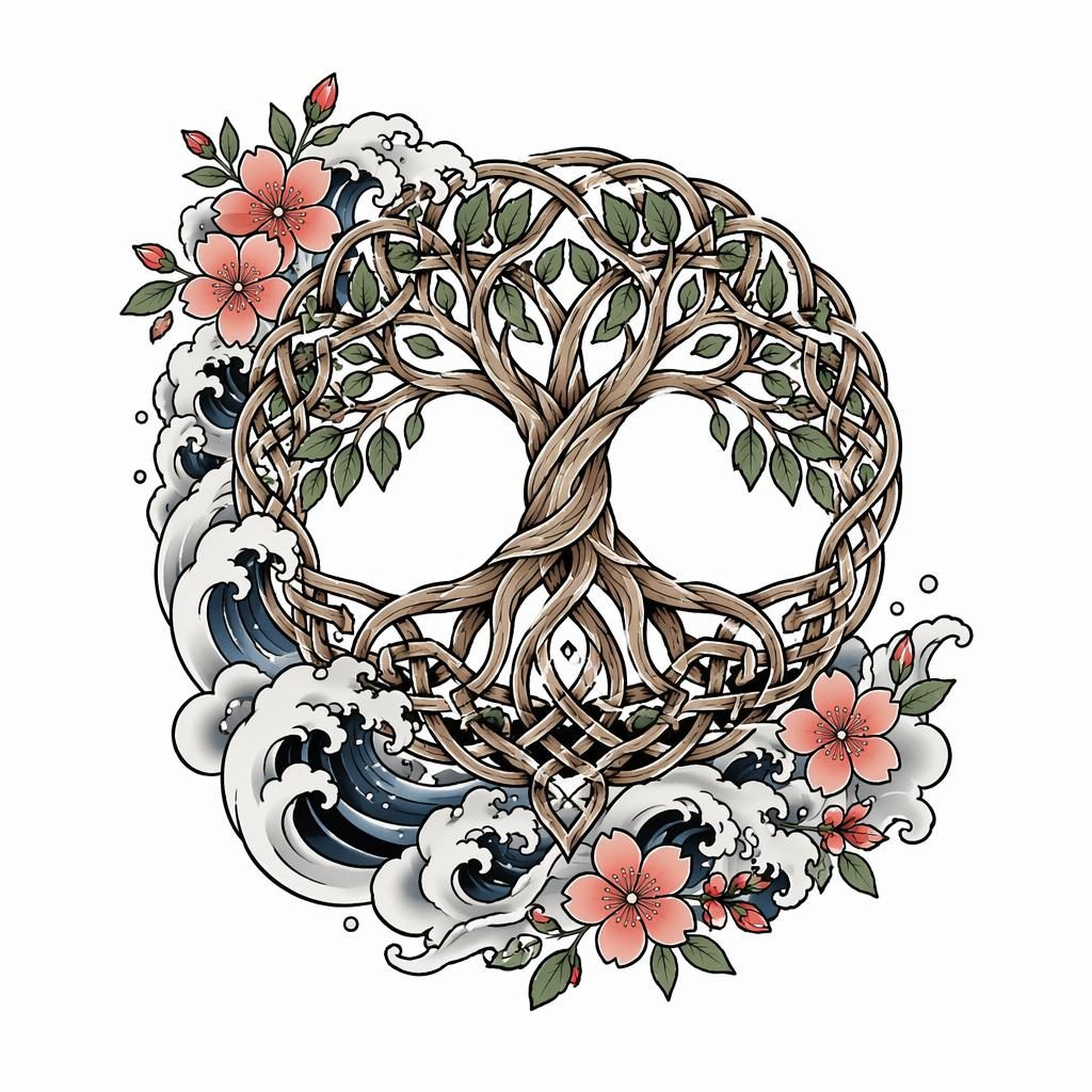 Celtic tree of life tattoo design on white paper in Japanese irezumi style with sharp black lines and clean flash-sheet look