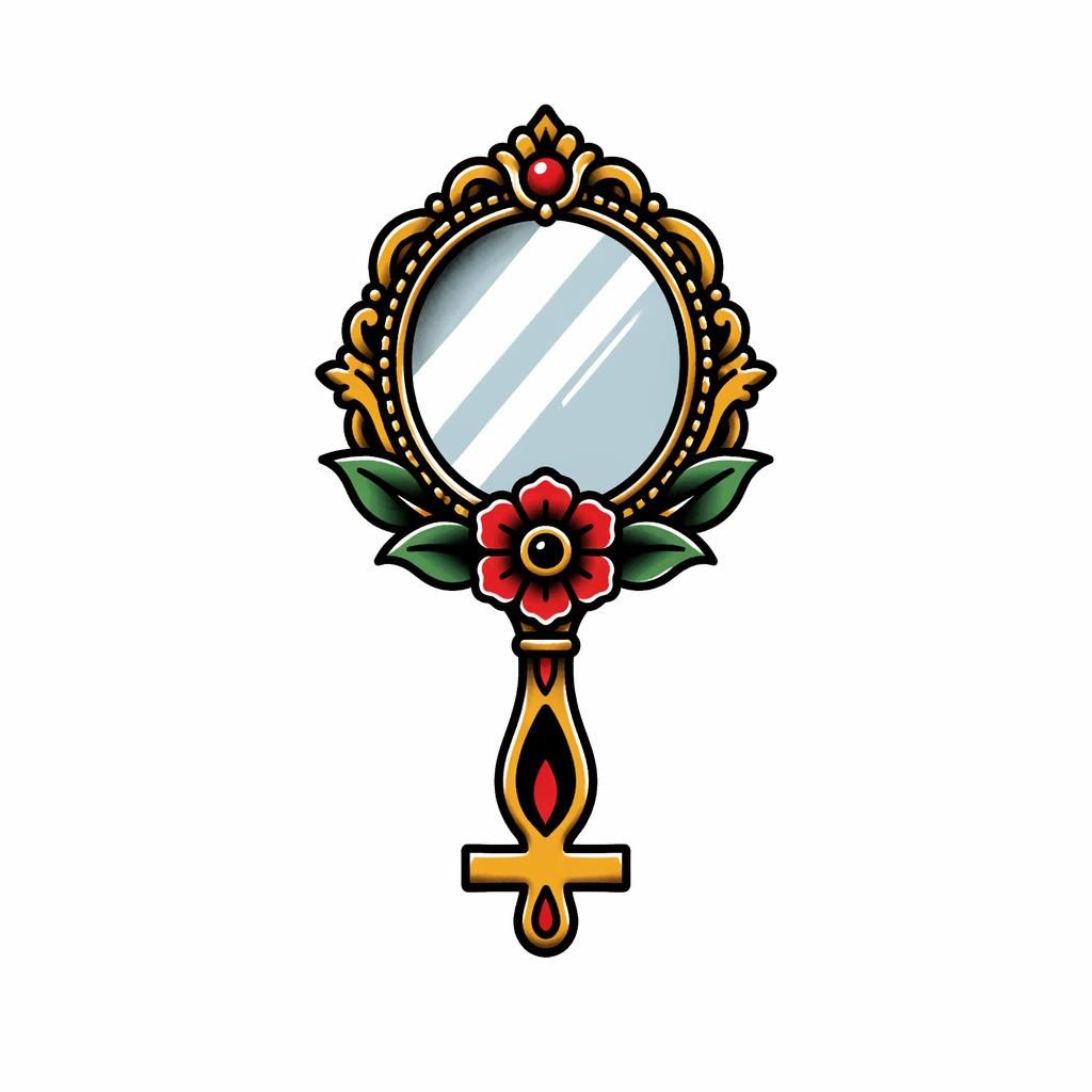 Diseño de tatuaje de espejo Venus neo tradicional en papel blanco, estilo american traditional, pequeño y de alto contraste.