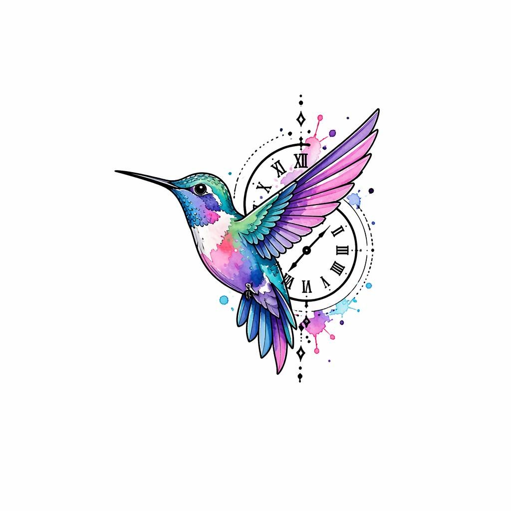 Diseño de tatuaje de colibrí en acuarela neo-tradicional sobre papel blanco, pequeño, con líneas nítidas y alto contraste.