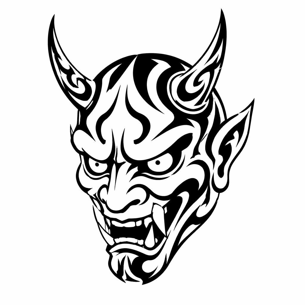 Tribal-Tattooentwurf einer japanischen Hannya-Maske auf weißem Papier, klare schwarze Linien, Flash-Sheet-Stil