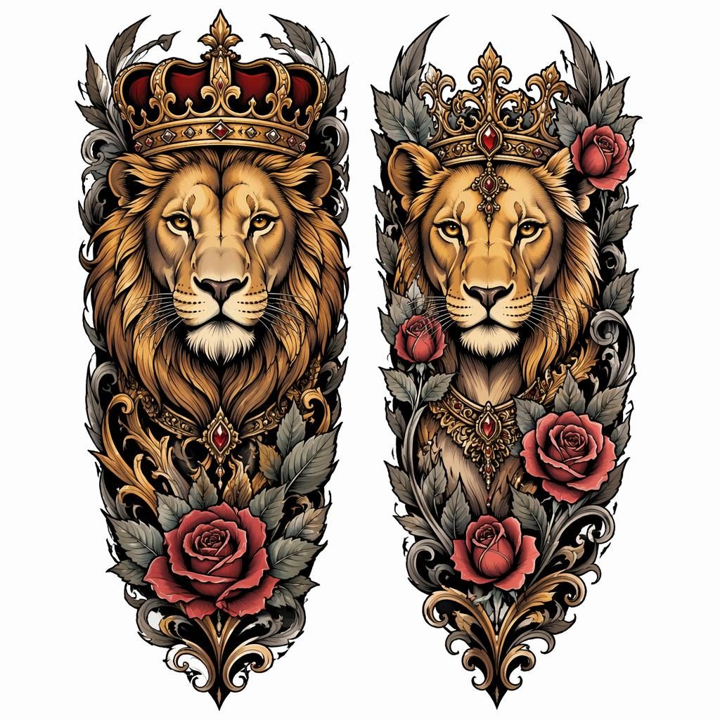 Neo-traditional tattoo flash design on white paper showing a lion head with a crown in sharp black linework.