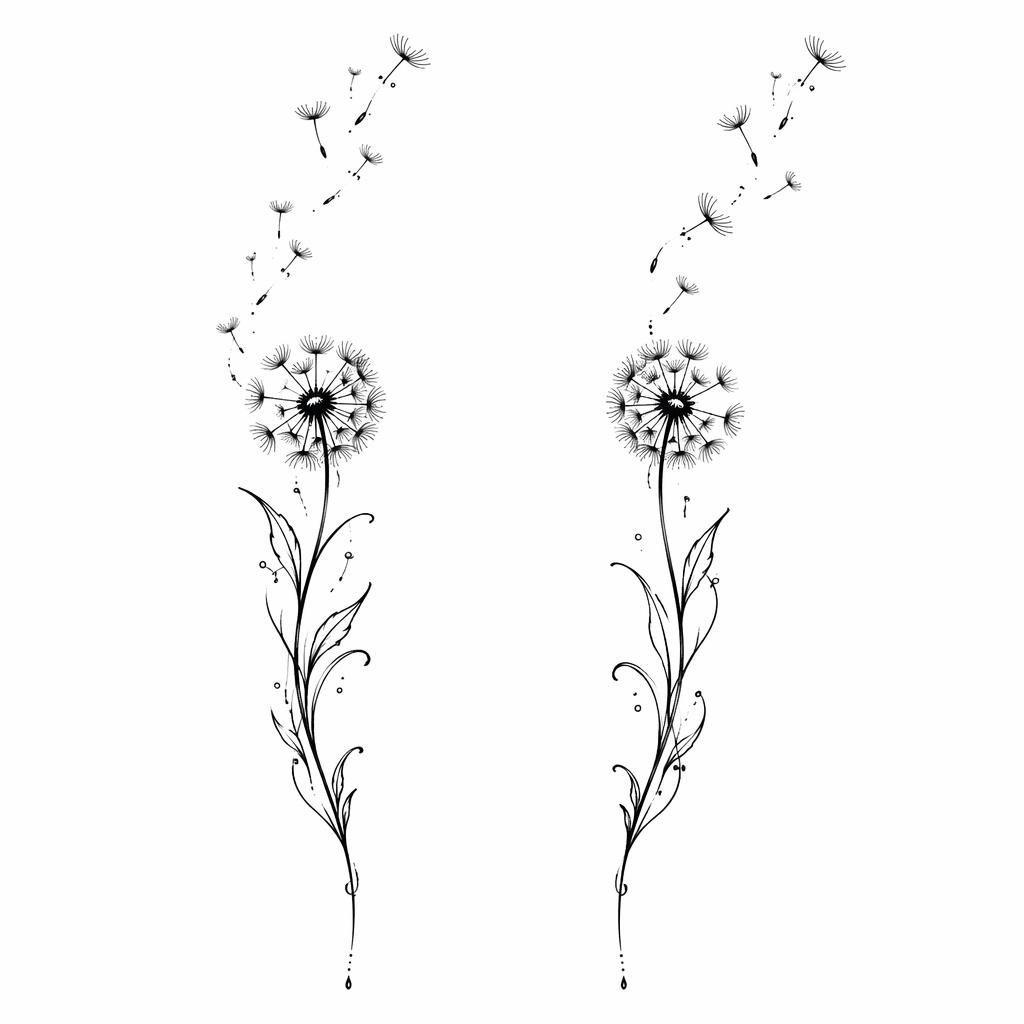 Minimalist fineline dandelion tattoo design on white paper in bold blackwork, clean flash-style line art.