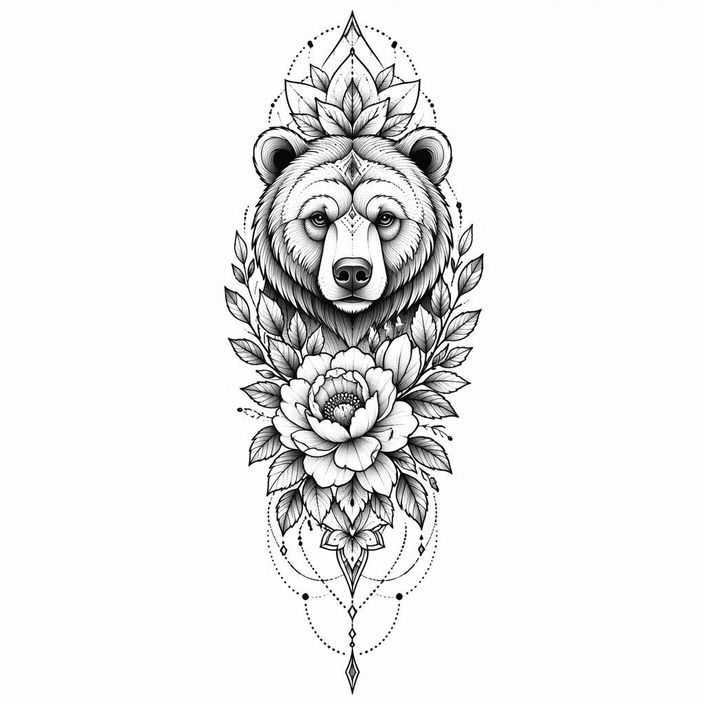 Concept de tatouage sur papier blanc, ours floral néo-traditionnel en style géométrique dotwork, lignes nettes