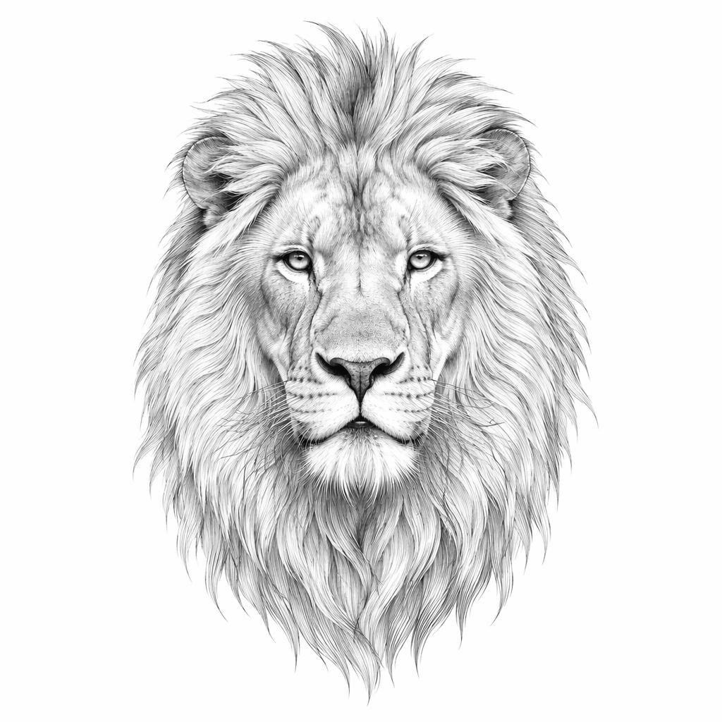 Realism lion portrait tattoo design on white paper, high contrast with sharp clean lines on a plain white background.