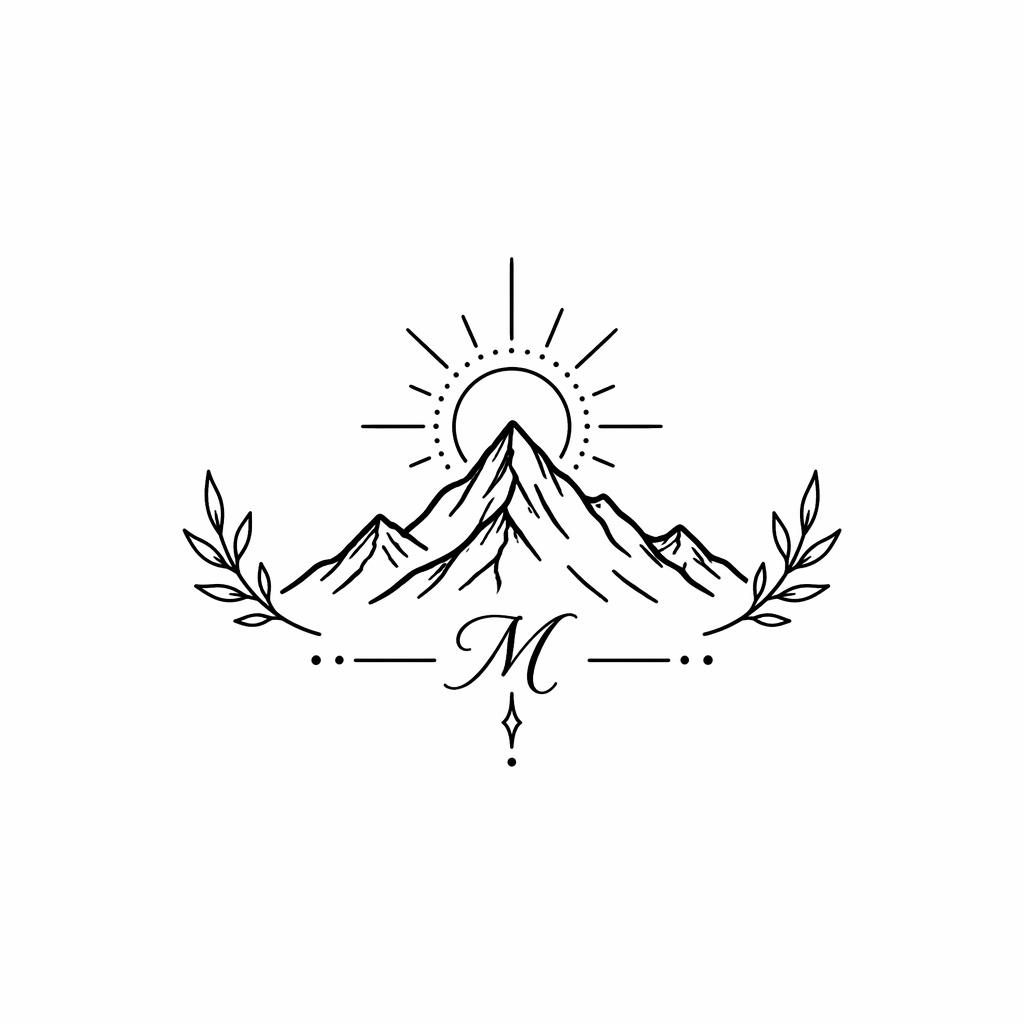 Minimalistisches Berg-Tattoo als Fineline-Flash auf weißem Papier, klein, kontrastreich, mit klaren Linien.