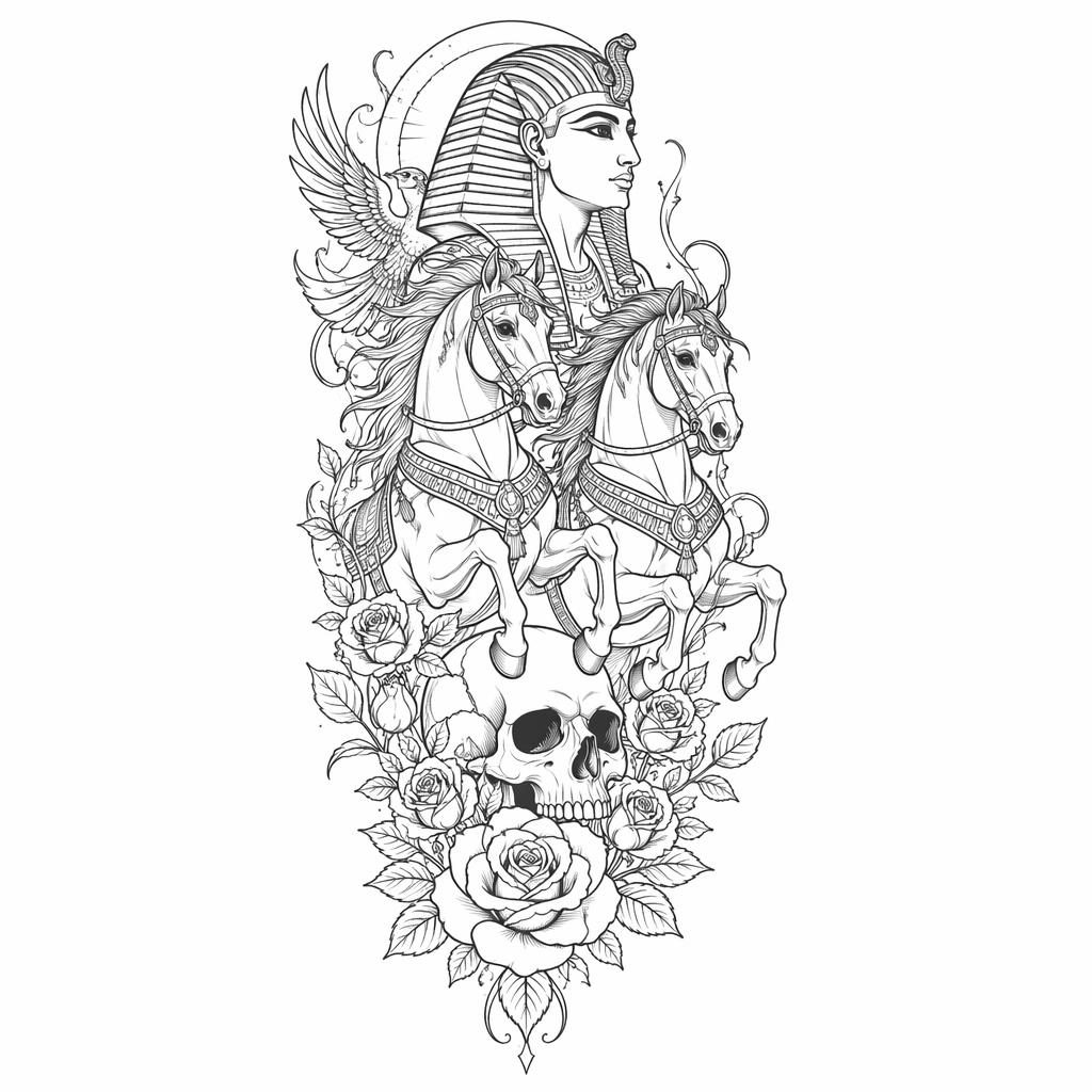 Fineline minimalist tattoo flash of a skull and rose on white paper, sharp high-contrast lines, forearm sleeve panel concept.