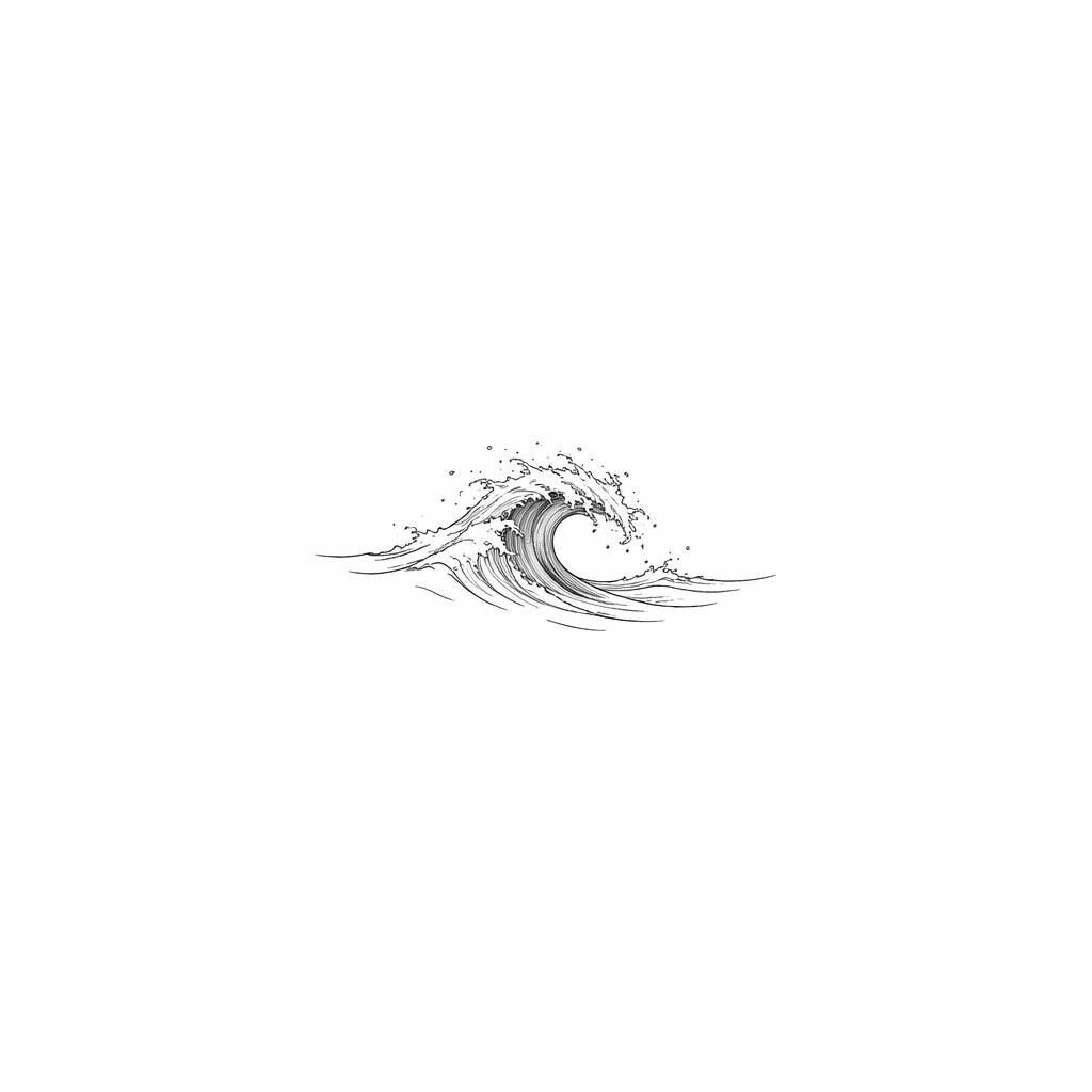Dessin tatouage d’une petite vague minimaliste en fineline sur fond blanc, lignes nettes et contraste élevé.