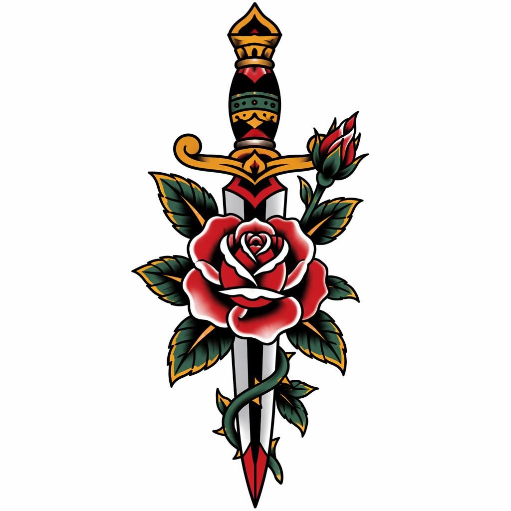 Diseño de tatuaje en papel blanco con una rosa atravesada por una daga, estilo traditional american, líneas nítidas.