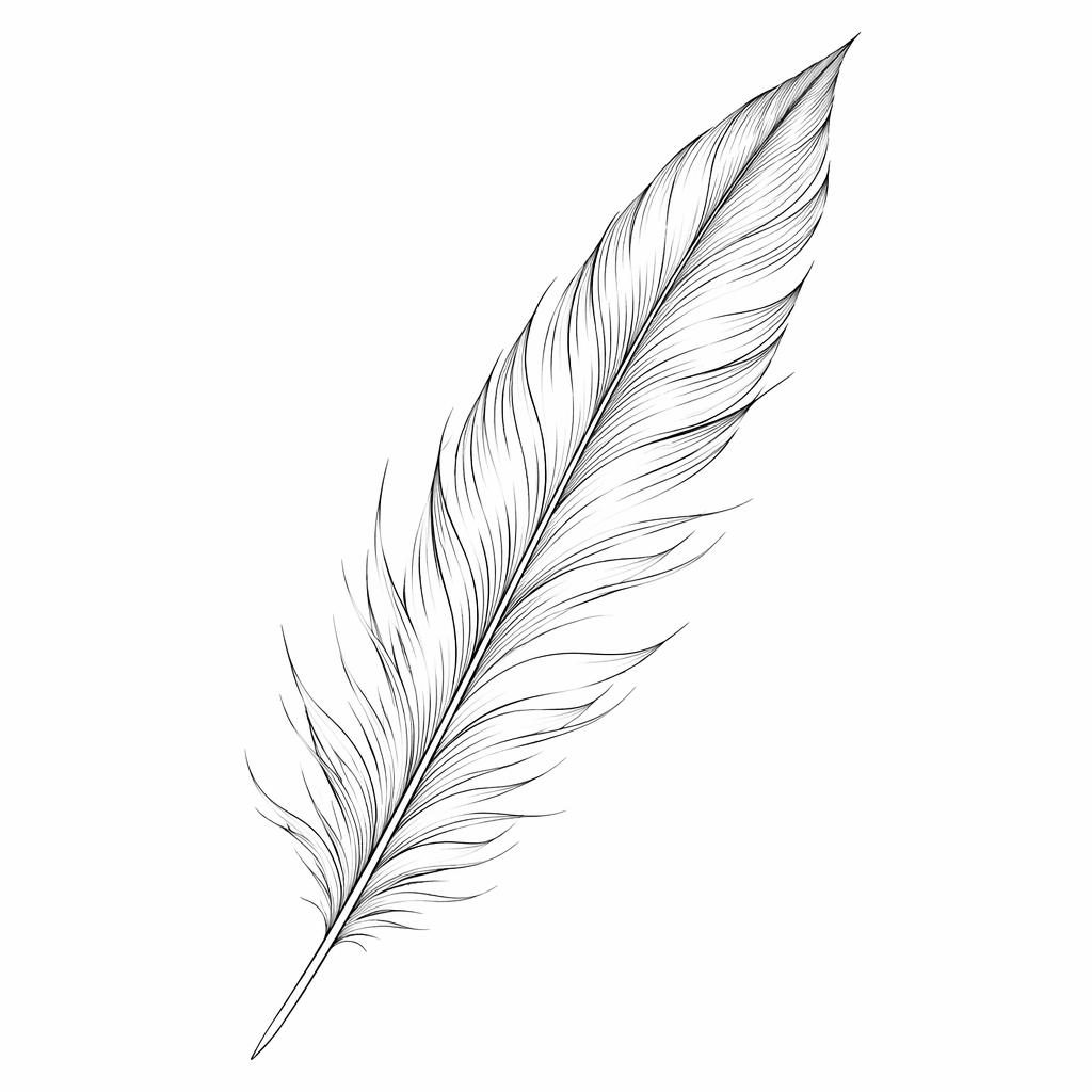 Minimalist fineline feather tattoo design drawn on white paper, clean sharp lines, flash-sheet style, no shading.