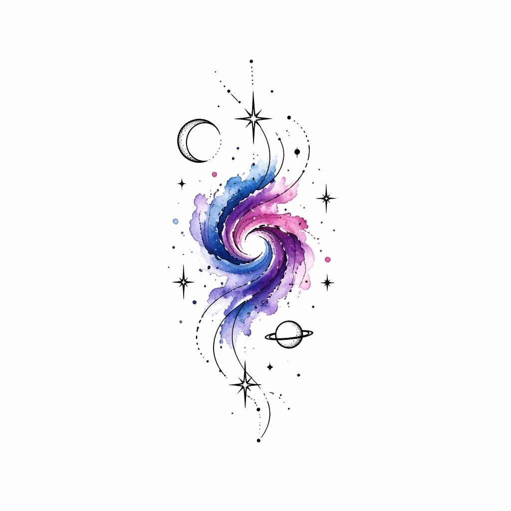 Minimalist fineline galaxy tattoo concept on white paper with watercolor abstract details, clean sharp flash-sheet lines.