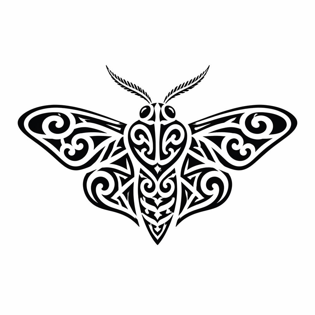 Blackwork moth chest tattoo design on white paper in Japanese irezumi flash style with sharp lines and plain background.