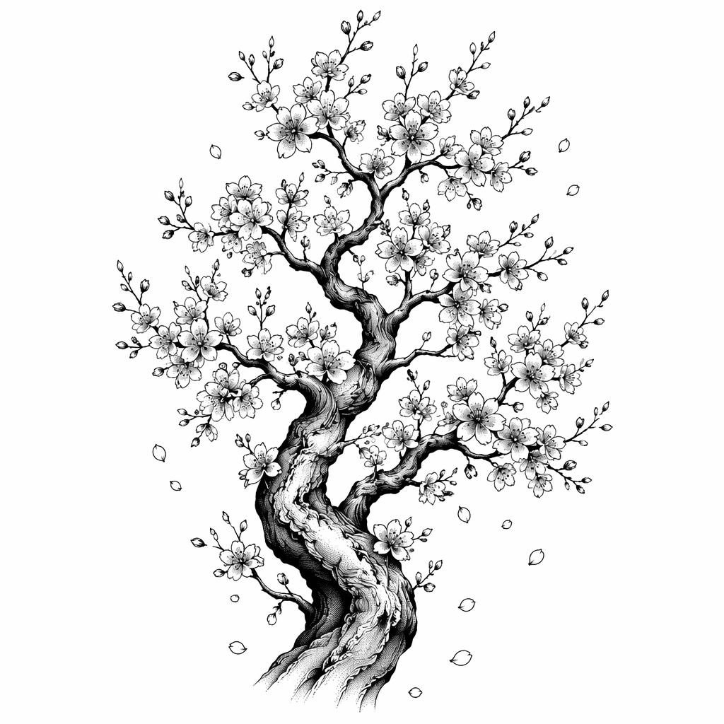 Blackwork dotwork tree tattoo design on white paper, clean flash-sheet style with sharp lines and high contrast.