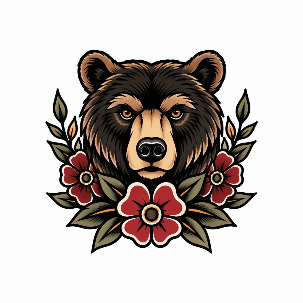 Tattoo-Design auf weißem Papier: kleiner neo-traditional Bär mit floralen Elementen, klare Konturen, Flash-Sheet-Stil