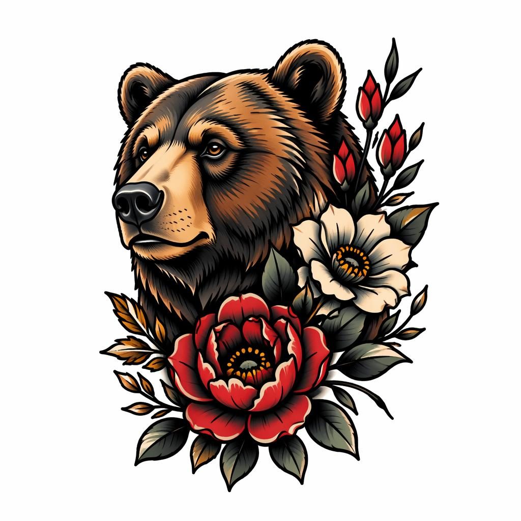Tattoo-Design auf weißem Papier: neo-traditional Bär mit Blumen, klare Konturen, hoher Kontrast, Flash-Sheet-Stil