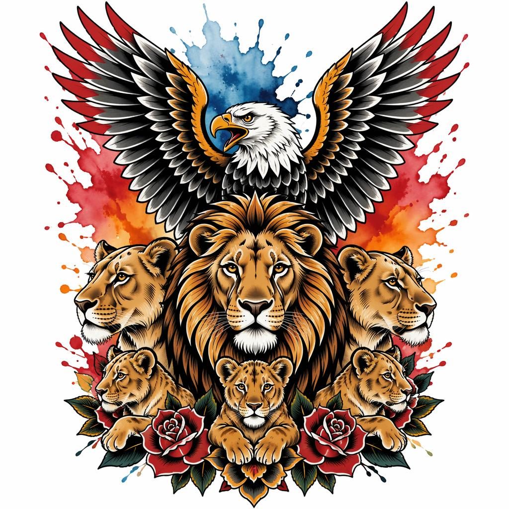 Diseño de tatuaje de águila tradicional en papel blanco, estilo acuarela splash, líneas nítidas y alto contraste