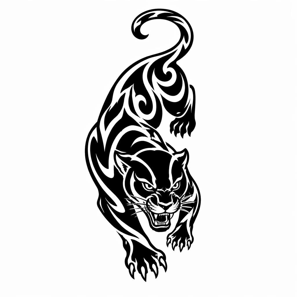 Black tribal panther crawl tattoo design drawn on white paper with sharp lines and high contrast, flash-sheet style.