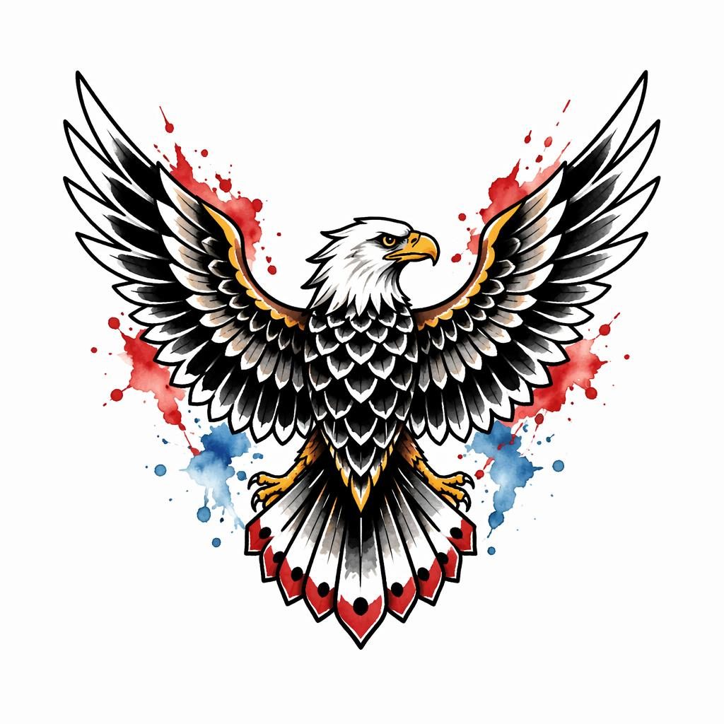 Traditionelles Adler-Rücken-Tattoo als kleine Flash-Sheet-Zeichnung auf weißem Papier, mit Aquarellspritzern und scharfen Linien.