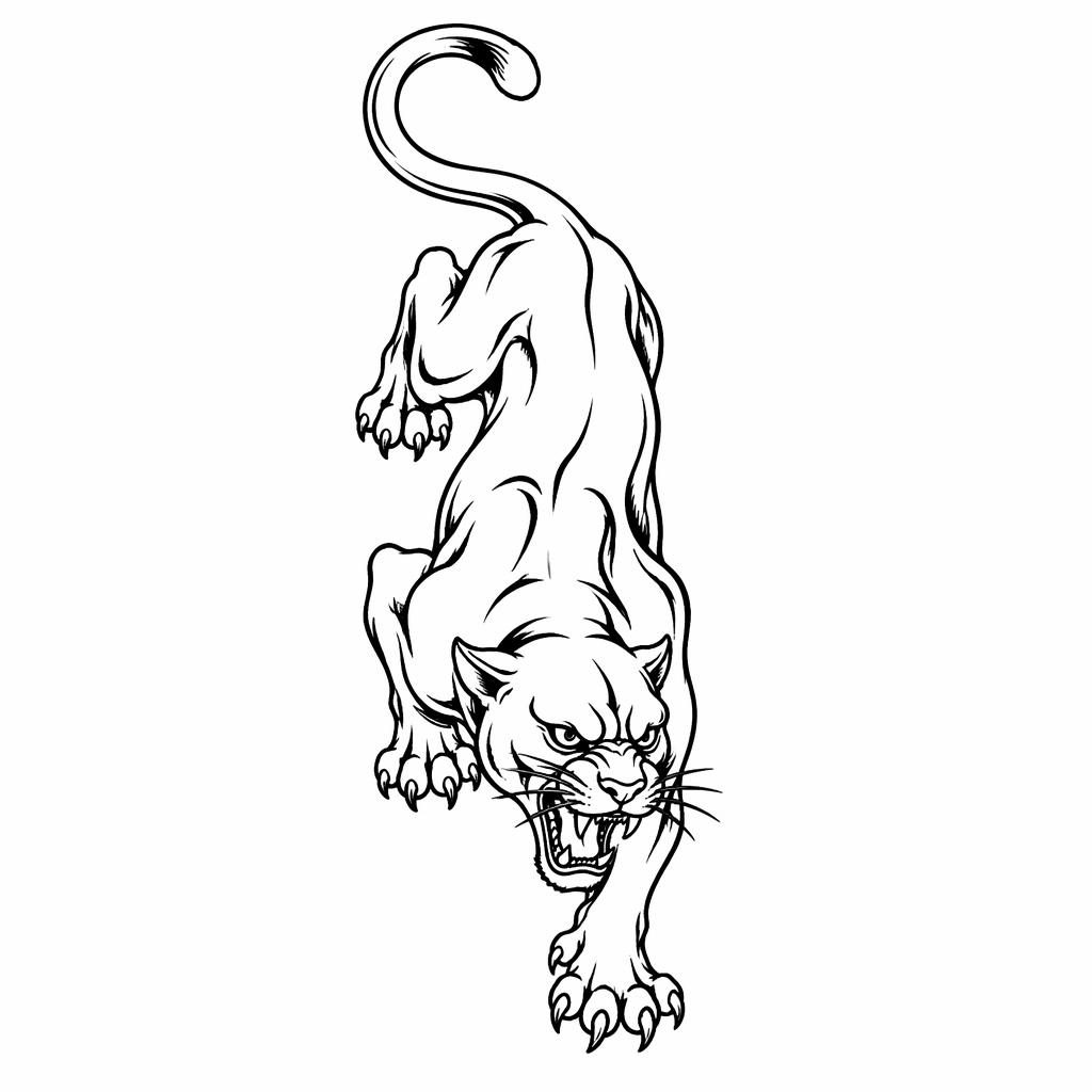 Traditional panther crawl tattoo sketch in black linework on white paper, flash-sheet style with sharp high-contrast lines.
