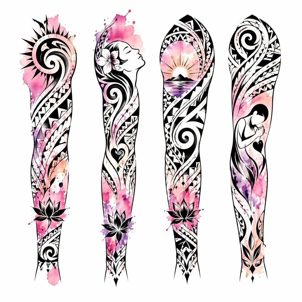 Diseño de tatuaje sleeve tribal polinesio en papel blanco, con salpicaduras de acuarela, líneas nítidas y alto contraste.