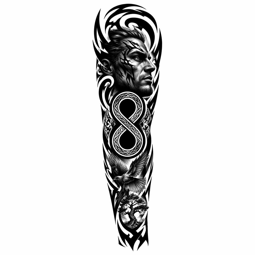Tribal-Blackwork-Tattooentwurf einer doppelten Unendlichkeit auf weißem Papier, klare Linien, hoher Kontrast