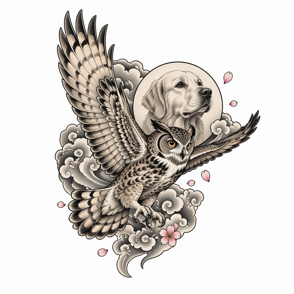 Tattoo-Design auf weißem Papier: realistische Eule im Flug im japanischen Irezumi-Stil, klare Linien, hoher Kontrast.