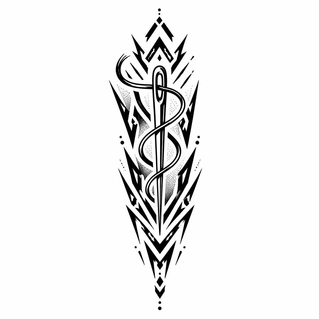 Tribal-Blackwork-Tattoo-Konzept auf weißem Papier, geometrisches Dotwork-Motiv mit scharfen Linien im Flash-Sheet-Stil.