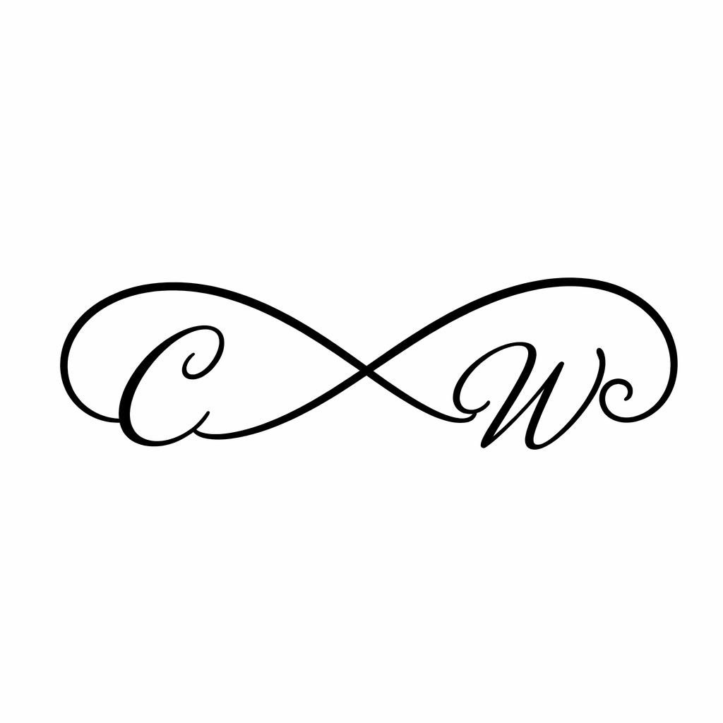 Minimal matching couple infinity tattoo design in script lettering on white paper, clean black lines, flash-sheet style.