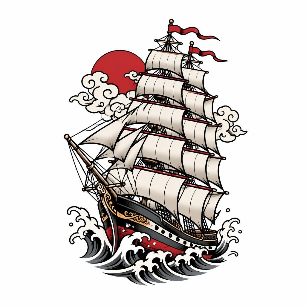 Neo-traditional Tattoo-Design eines vollgetakelten Schiffs auf weißem Papier, klein, kontraststark, mit scharfen Linien.