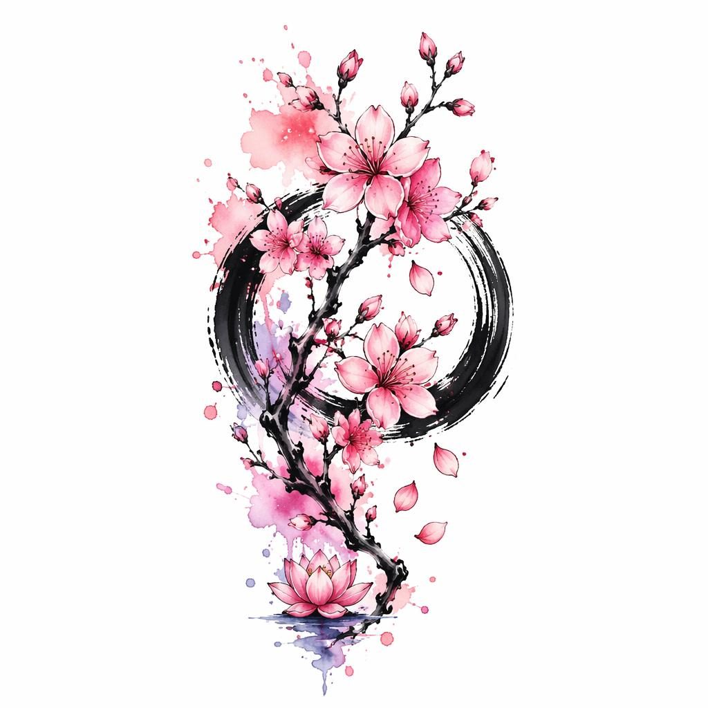 Watercolor splash tattoo design of Japanese cherry blossoms on white paper, clean flash-sheet style for a medium calf tattoo.