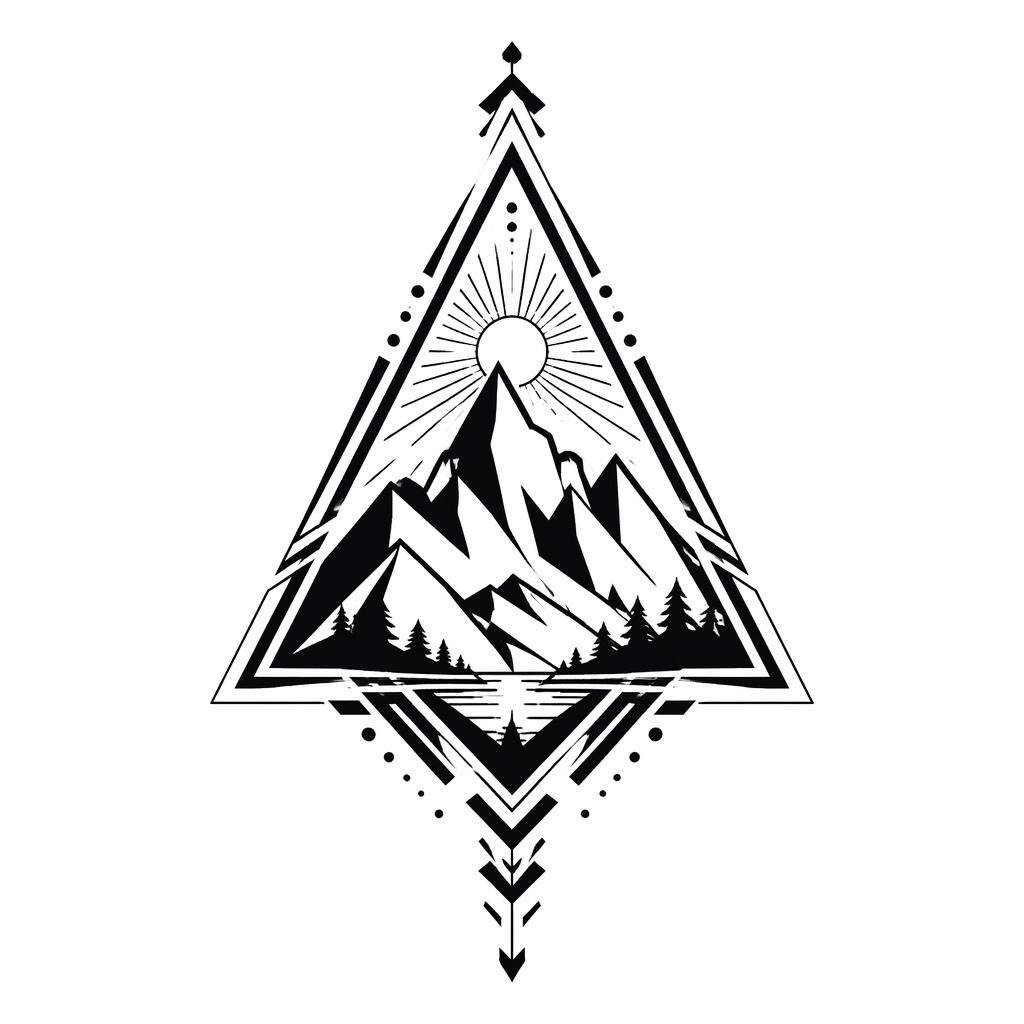 Tattoo-Design auf weißem Papier: geometrisches Bergdreieck im Tribal-Stil, klare schwarze Linien, hoher Kontrast.