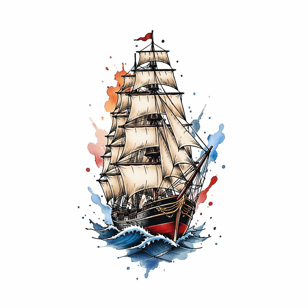Diseño de tatuaje de barco tradicional de velas completas en papel blanco, estilo acuarela splash, pequeño y de alto contraste.
