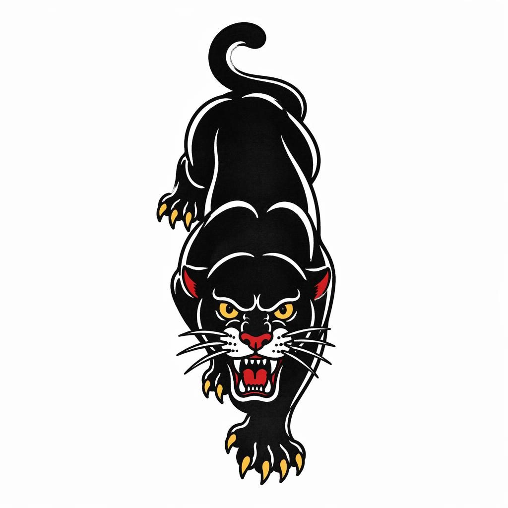 Traditionelles Panther-Crawl-Tattoo-Design auf weißem Papier, klare schwarze Linien, kleine Flash-Illustration ohne Text