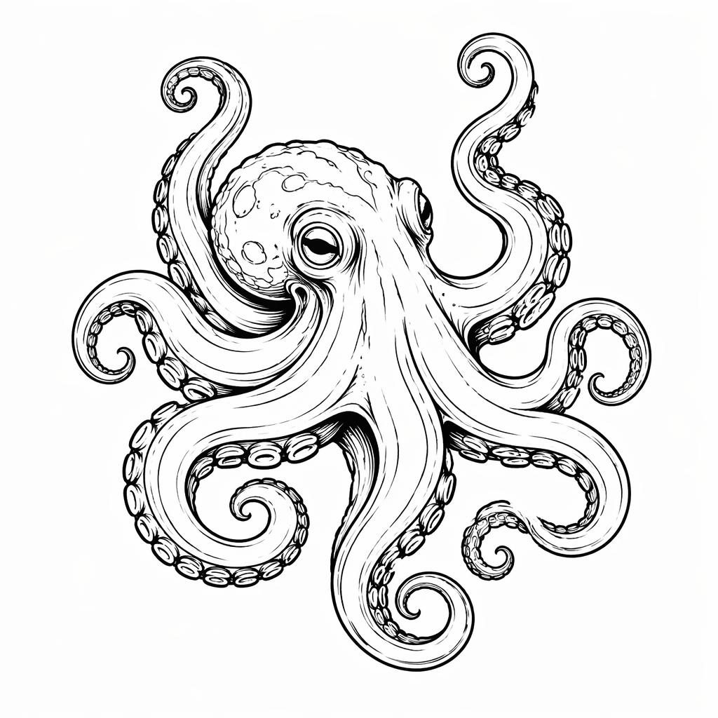 Neo-traditionelles Oktopus-Tattoo als Linework-Skizze auf weißem Papier, kontraststark mit klaren, scharfen Linien