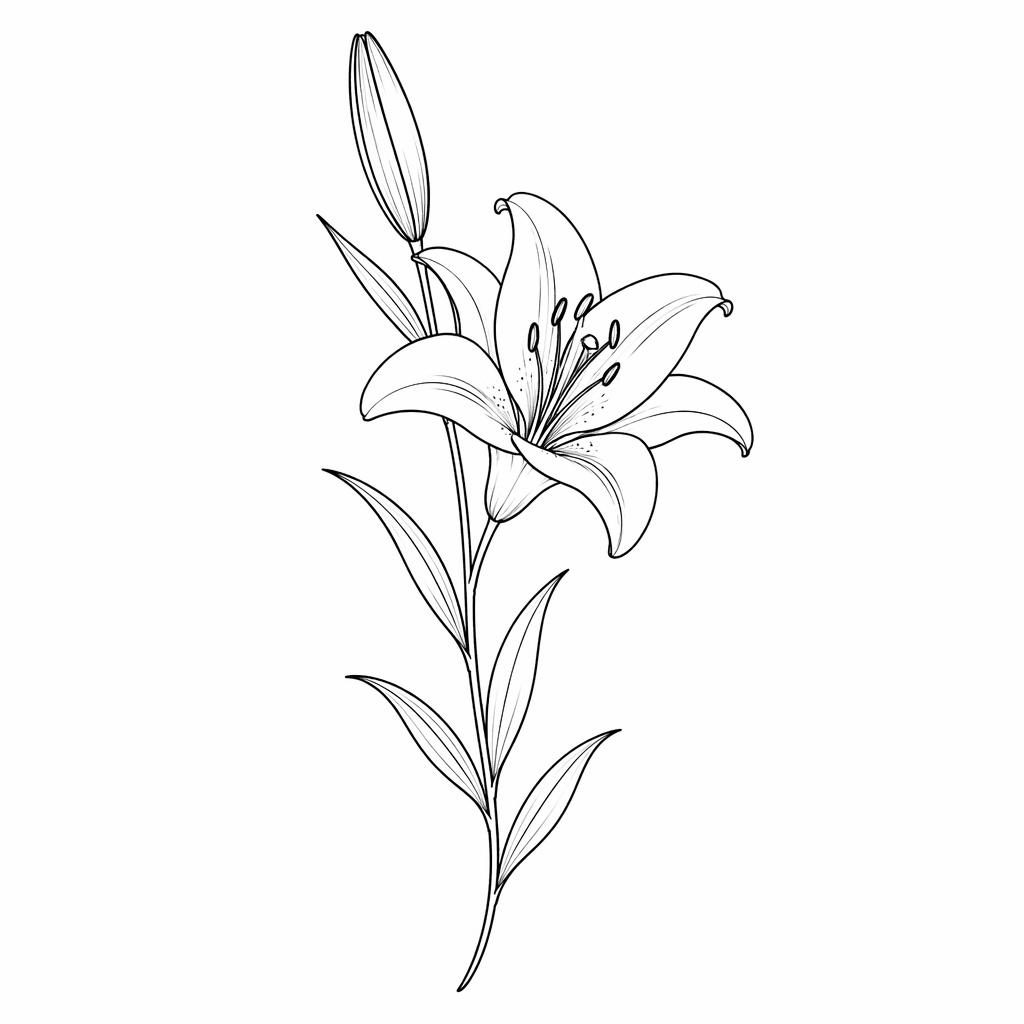 Minimalistische Fineline-Lilie im Traditional-American-Stil als Tattoo-Entwurf auf weißem Papier, klare schwarze Linien