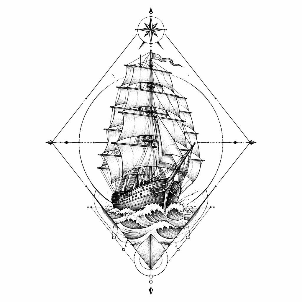 Geometric dotwork tattoo design of a full-rigged traditional ship on white paper, clean flash-style linework.