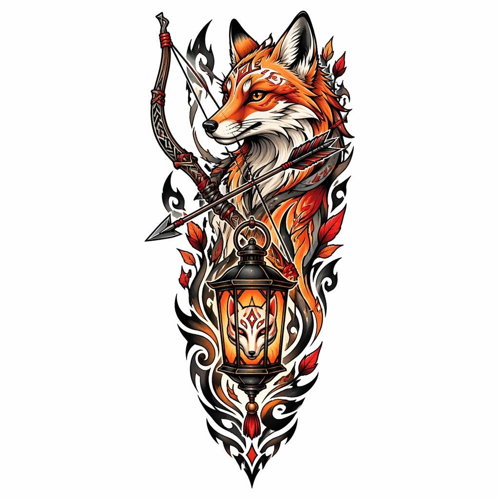 Tattoo flash design on white paper showing a neo traditional fox lantern in tribal style with sharp black lines.
