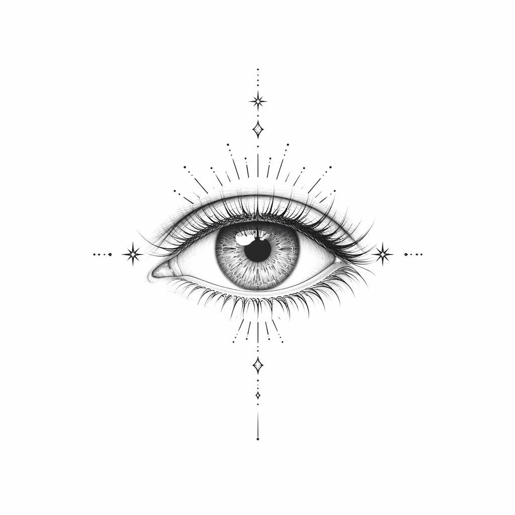 Fineline minimalist tattoo flash of a realistic macro eye on white paper, small wrist placement concept with sharp lines.