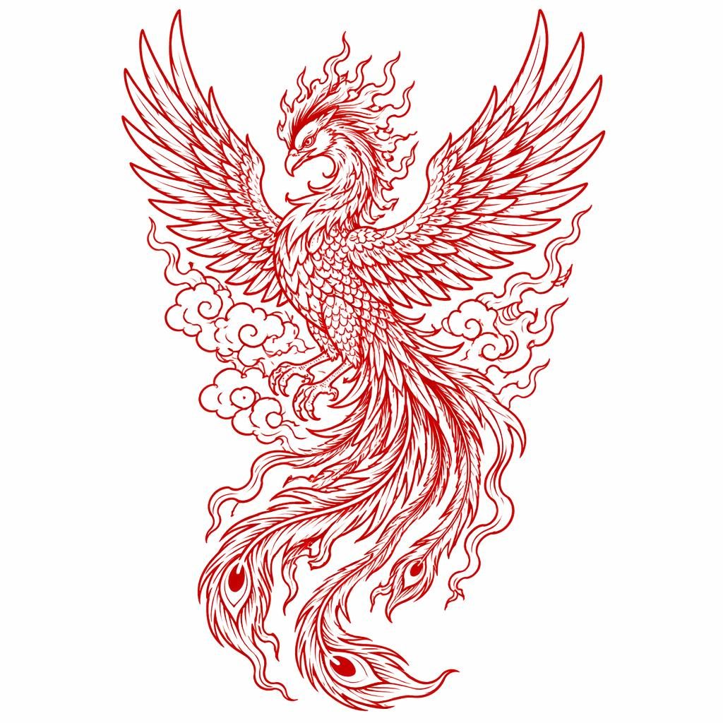 Clean flash-sheet illustration of a Japanese phoenix back tattoo design on white paper with sharp high-contrast lines.