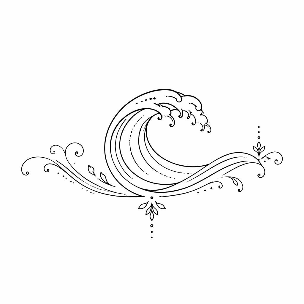 Minimalist fineline wave tattoo design on white paper, clean flash-sheet style with sharp black lines and high contrast.