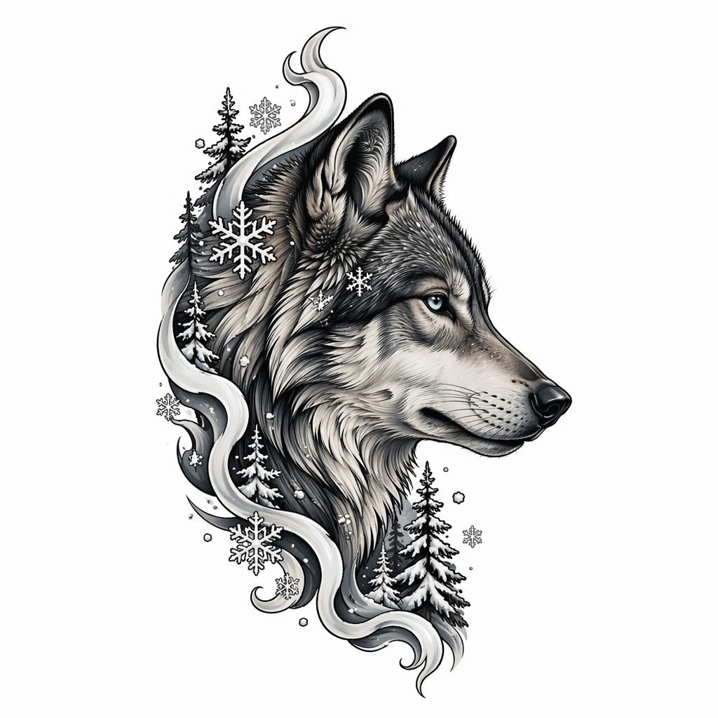 Diseño de tatuaje en papel blanco de un lobo realista entre nieve, estilo neo-tradicional y líneas nítidas
