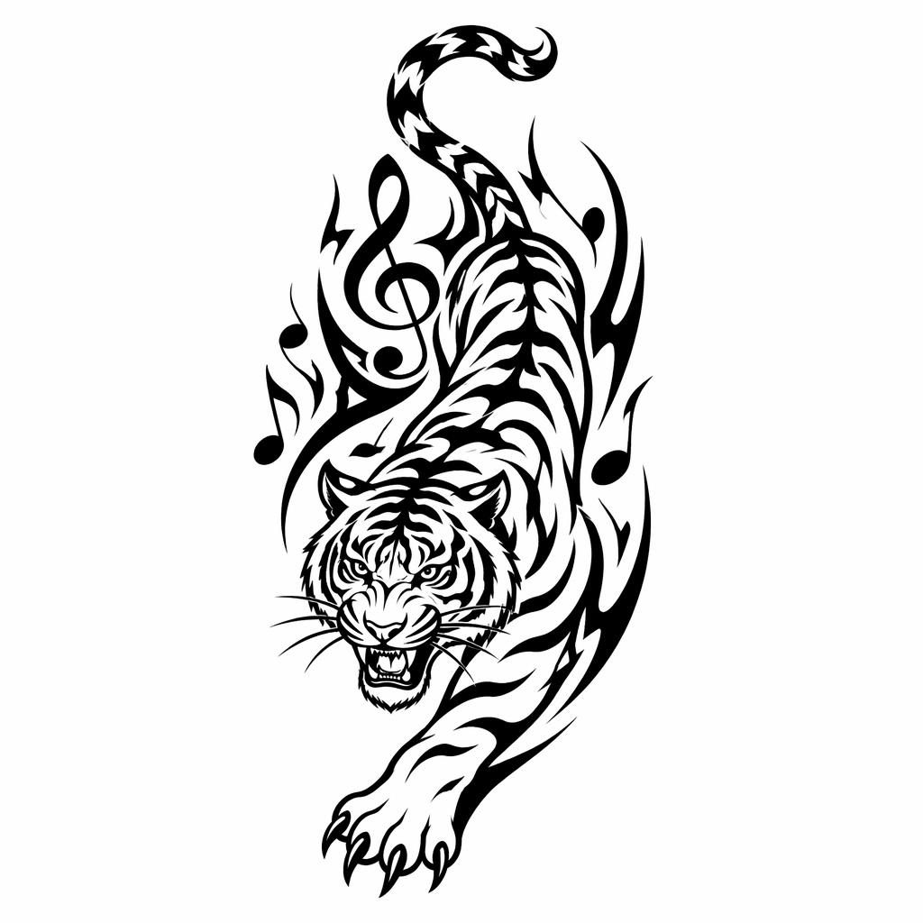 Tribal Japanese tiger crawl tattoo design on white paper, flash-style line art with sharp black outlines on plain white background.