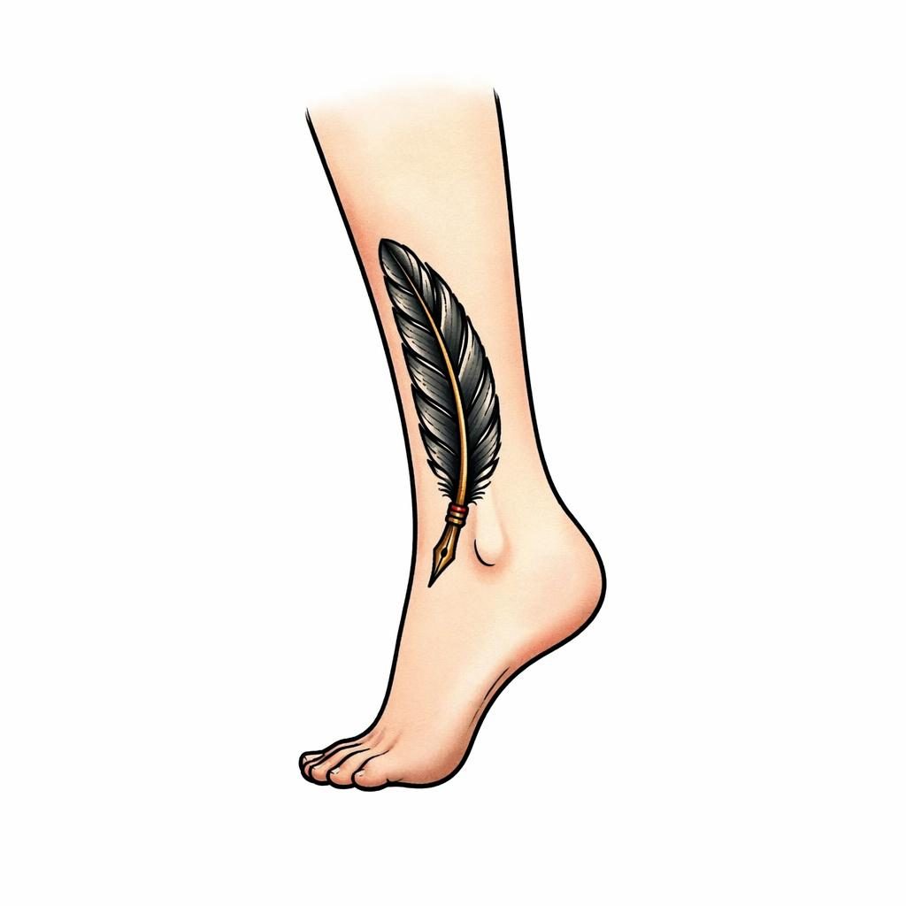 Neo-traditional tattoo flash of a feather quill behind an ankle on white paper, sharp black lines, plain white background.