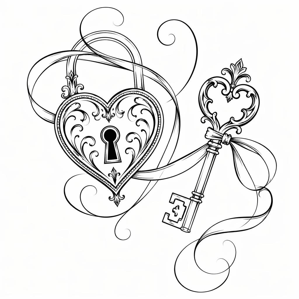 Tattoo-Design auf weißem Papier mit Schloss-und-Schlüssel-Motiv im Lettering-Stil, klare Linien, hoher Kontrast