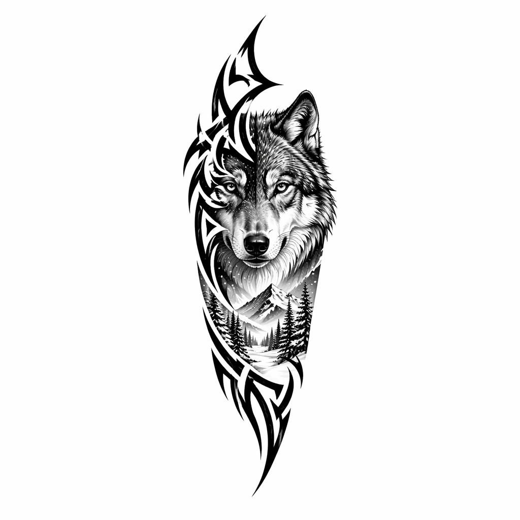 Diseño de tatuaje de lobo realista con estilo tribal sobre papel blanco, líneas nítidas y alto contraste.