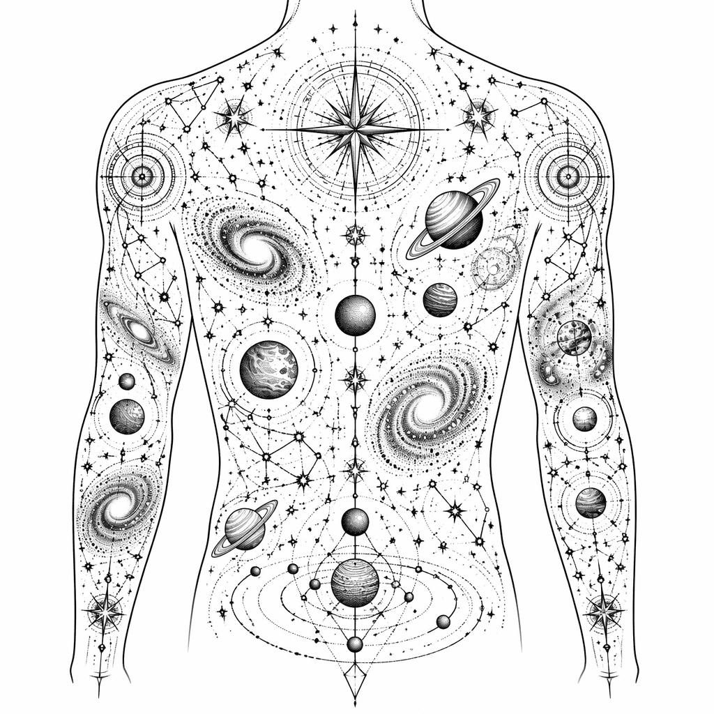 Geometrisches Dotwork-Tattoo-Design mit Kosmos und Sternen auf weißem Papier, kontrastreich als saubere Flashsheet-Vorlage.