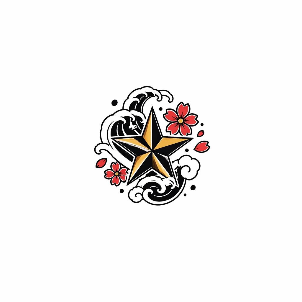 Kleines Stern-Tattoo im japanischen Irezumi-Stil auf weißem Papier, klare Linien, Flashsheet-Design ohne Schattierung.